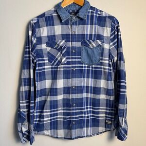 Buffalo David Bitton Boys XL Plaid Long Sleeve Button Up Shirt Blue Pockets Y2K